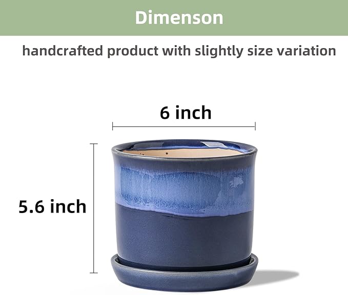 6 Inch Plant Pot: Ceramic Planter with Drainage Hole & Saucer - Gradient Blue Flowerpot for Indoor & Outdoor Plants with Separate Tray