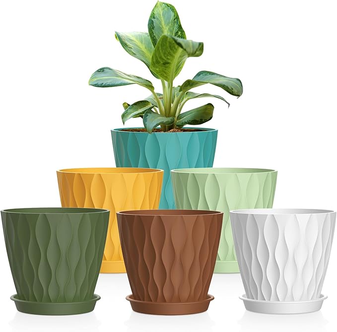 6 Pack 4 Inch Small Plant Pots with Saucers, 3D Textured Plastic Planters with Drainage Holes for Indoor and Outdoor Plants, Flowers, Herbs, Succulents, and Seedlings, Colorful