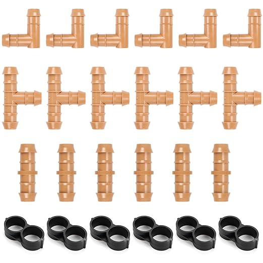 Drip Irrigation Fittings Kit for 1/2" Tubing, 24 Pieces Drip Line Barbed Connectors for 1/2 Inch Irrigation Tubing Includes 6 Couplings 6 Tees 6 Elbows 6 Plugs