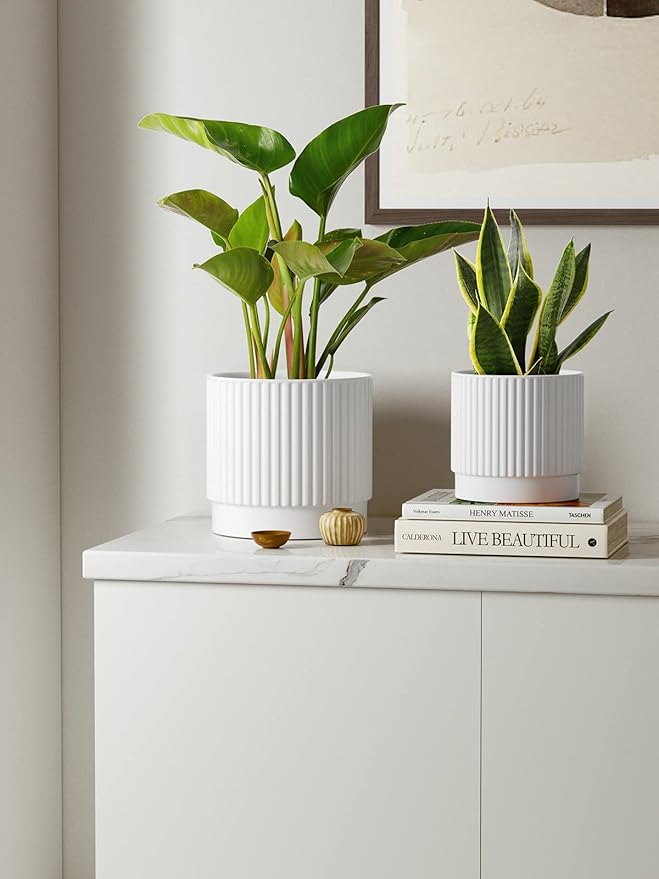 LE TAUCI Ceramic Plant Pots with Drainage Holes, Set of 3, 8+6.7+5.5 Inch Stripe Garden Planter Pots for Outdoor Indoor Plants Flower, Round Succulent Orchid Flower Pot, Small to Large Size, White