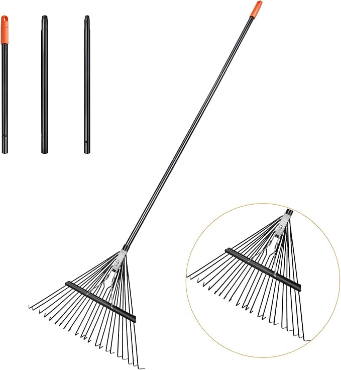 High-Carbon Steel Gardening Leaf Rake, Suitable for Raking Leaves and Lawn Tidying,Adjustable Split Long Handle33-67, 22tines 22.8" Wide,Garden rake and thatch rake Suitable for Adults