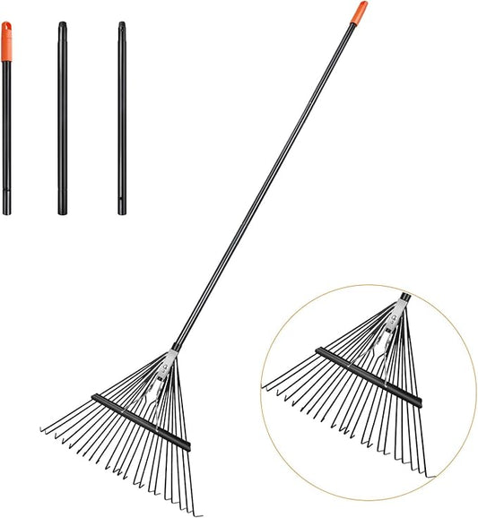 High-Carbon Steel Gardening Leaf Rake, Suitable for Raking Leaves and Lawn Tidying,Adjustable Split Long Handle33-67, 22tines 22.8" Wide,Garden rake and thatch rake Suitable for Adults