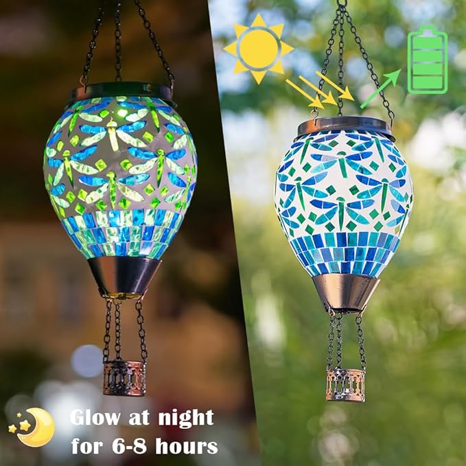 Starsoul Mosaic Dragonfly Hot Air Balloon Solar Lantern Glass Outdoor Hanging Hot Air Balloon Solar Flickering Flame Light Waterproof Garden Patio Yard Party Decorations