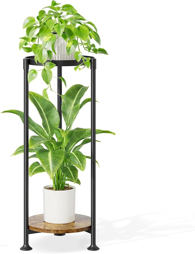 iDavosic.ly 2 Tier Corner Plant Stand Indoor, 30 Inch Tall Vertical Metal Flower Heavy Duty Pot Holder Shelf Outdoor for Patio Porch Living Room, Modern Black & Rustic Brown - Round