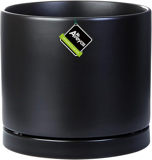 Aveyas 8 inch Ceramic Plant Pot with Drainage Hole and Saucer - Suitable for Indoor and Outdoor Use, Modern Planters for House Garden Flower Tree Snake Monstera Plants (8", Matte Black)