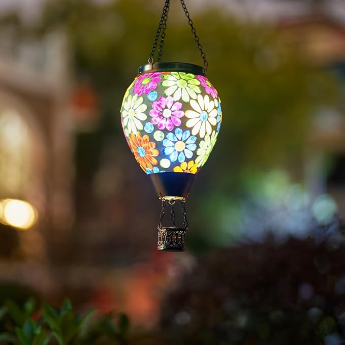 Starsoul Mosaic Flowers Hot Air Balloon Solar Lantern Glass Outdoor Hanging Hot Air Balloon Solar Flickering Flame Light Waterproof Garden Patio Yard Party Decorations