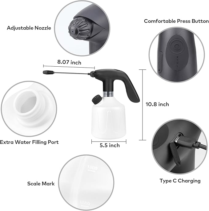 Electric Spray Bottle Automatic Plant Mister 1.8L Rechargeable Battery Powered Sprayer Continuous Spray Bottle,Pump Sprayer, Indoor Watering Can for Plants White