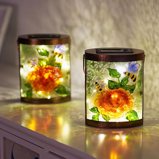 Starsoul 2 Pack Hanging Solar Lantern Outdoor Waterproof Glass Bee and Flowers Decorative Solar Lights for Outside Garden Yard Table Patio Decor