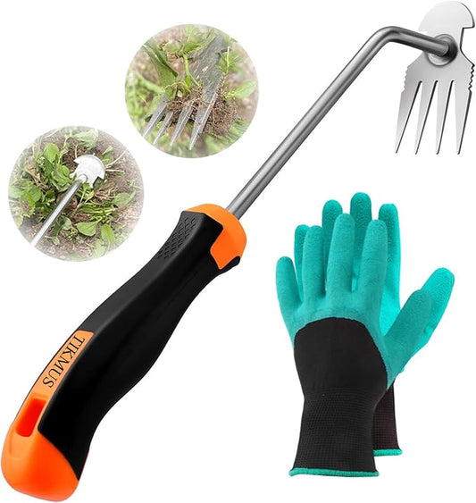 Weed Puller Tool, Weeding Artifact Uprooting Weeding Tool with Rubber Handle, Weeding Tools Gardening of 4 Teeth Manganese Stainless Steel, Weed Remover Tool with Gloves for Yard and Farm (Sliver)