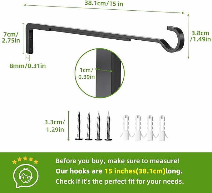 15 Inch 2 Black Pack Heavy Duty Outdoor Plant Hangers for Hanging Baskets, Iron Hanging Plant Brackets for Hanging Plants Outside, Metal Plant Hooks Plant Wall Hooks for Hanging Lantern, Bird Feeder