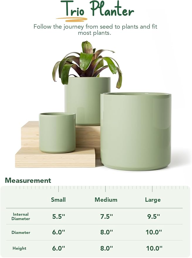 LE TAUCI Large Plant Pots Set, 10/8/6 Inch Ceramic Planters for Indoor Plants, Mid-Century Modern Flower Planter Pots with Drainage Hole and Plug, Round Planter, Set of 3, Reactive Glaze Olive Green