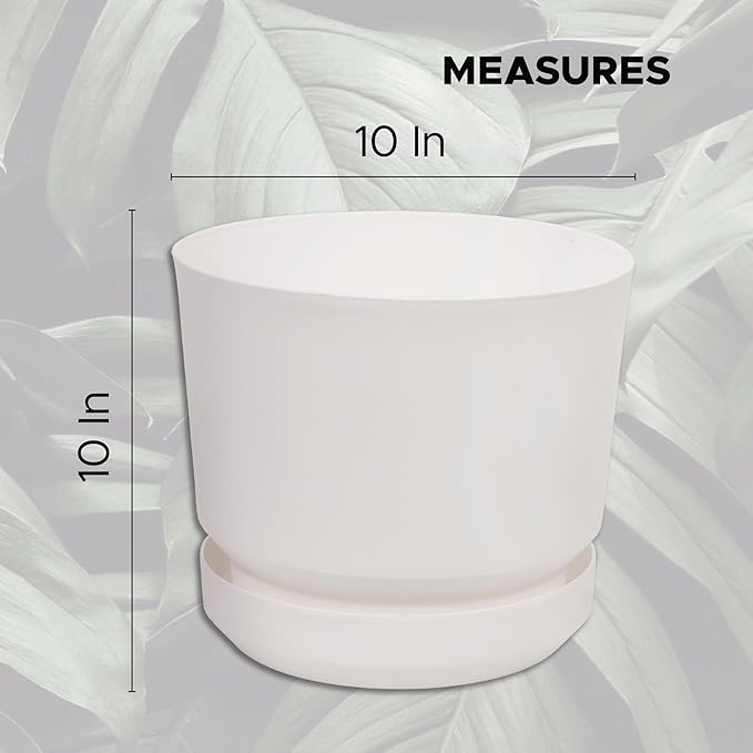 Elly Décor 10 inch Plastic Cylinder Planter Pot with Self-Watering Saucer and Drainage Hole,Lightweight & Extremely Durable, 10"x 10", White
