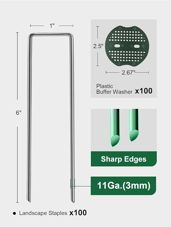 GROWNEER 100 Pack Galvanized Landscape Staples 6 inch 11 Gauge Garden Staples and 100 Pack Gasket U-Shaped Tent Stakes SOD Pins Yard Stakes for Securing Weed Fabric Barrier Ground Cover Fence