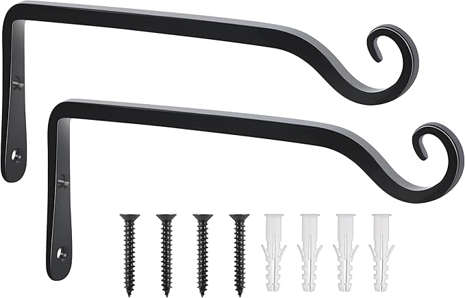 Gtongoko 2 Pack 10 Inch Plant Hangers Outdoor Metal Hanging Plant Bracket Bird Feeder Wall Hooks for Hanging Flower Basket, Wind Chimes, Solar Lanterns, Black