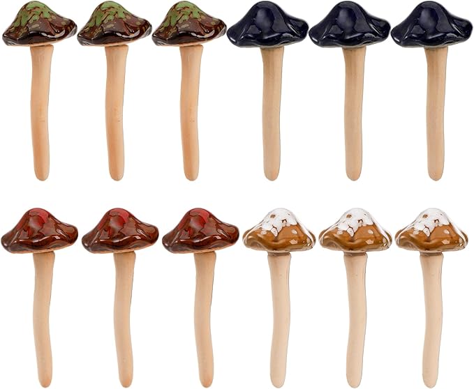 Peohud 12 Pack Ceramic Garden Mushrooms, Lawn Ornament Decor Mushrooms for Fairy Garden, Yard, Indoor, Outdoor, 4.7 Inch