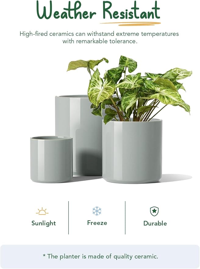 LE TAUCI Ceramic Plant Pots Indoor, 10 Inch 8 Inch 6 Inch Planters for Indoor Plants, Mid-Century Modern Flower Pots with Drainage Hole, Cylinder Round Planter Pots, Set of 3, Reactive Glaze Blue Gray