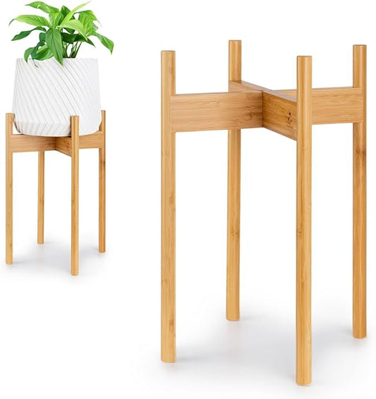 Fox & Fern Mid Century Tall Plant Stand — 10 Inch Fixed Size Raised Bamboo Plant Stand for Indoor Pots; Modern Flower Pot Holder with Plug In Design; Easy to Assemble; Two Height Options - Bamboo