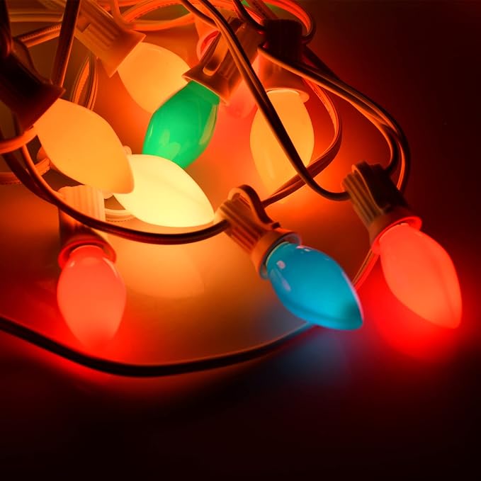 25Ft C7 Vintage Christmas Lights Multicolor - 27 Colorful Ceramic Bulbs, Hanging Outdoor for Tree, Party, Prom, Wedding, Holiday, Patio Decor - White Wire