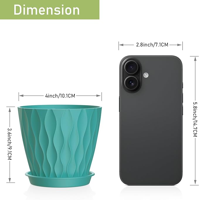 6 Pack 4 Inch Small Plant Pots with Saucers, 3D Textured Plastic Planters with Drainage Holes for Indoor and Outdoor Plants, Flowers, Herbs, Succulents, and Seedlings, Blue