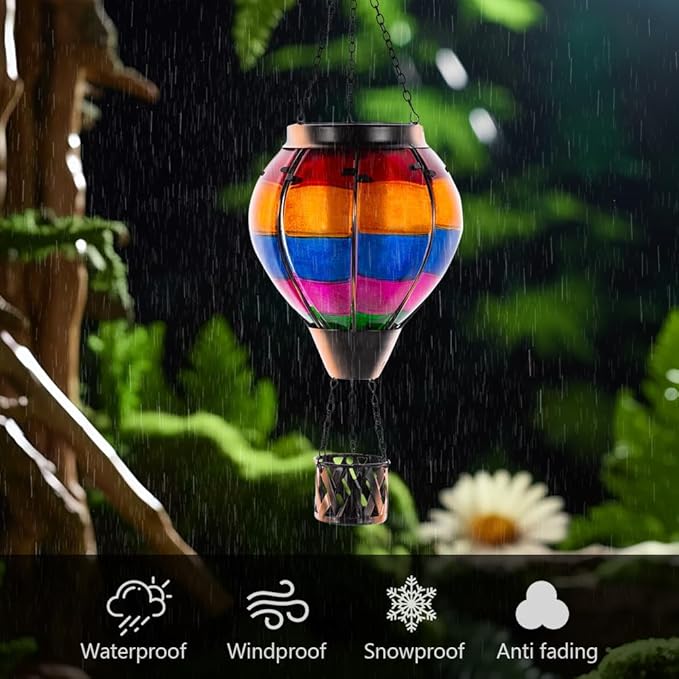 2 Pcs Hot Air Balloon Solar Lantern, Unique Solar Hot Air Balloon with Flame, Hanging Outdoor Lanterns Waterproof Decor for Patio, Garden, Porch