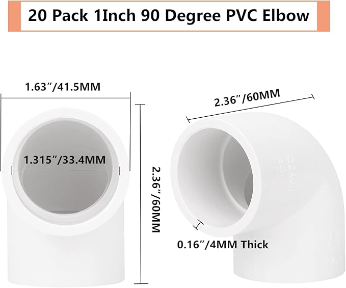 20 Pack 1" 90 Degree Elbow Pipe Fittings 2 Way Right Angle PVC Pipe Fitting, Furniture Build Grade SCH40 (Socket x Socket) 1" PVC Fitting Connectors for DIY PVC Shelf Garden Support Structure