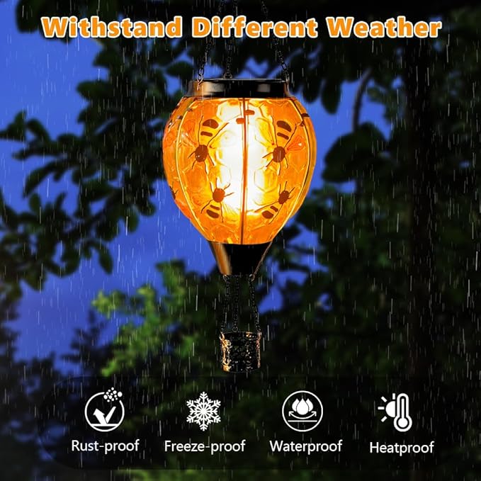 Starsoul Hot Air Balloon Solar Lantern Bee Glass Hanging Outdoor Hot Air Balloon Solar Flickering Flame Light Waterproof Garden Patio Yard Party Decorations
