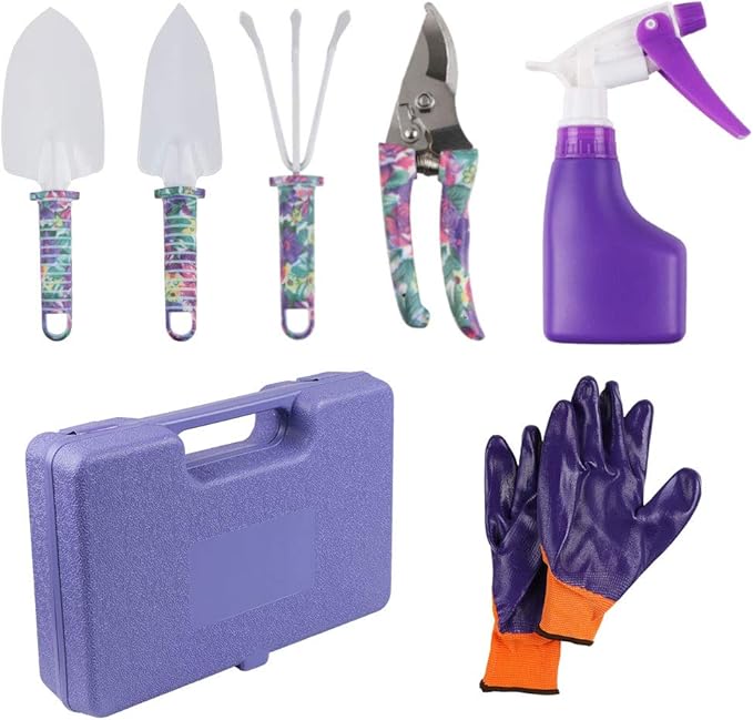 Garden Tools Set for Women, BENBO 7 Pieces Garden Hand Tools with Carrying Case, Ergonomic Non Slip Handle Pruning Shear Rake Shovels Spray Bottle and Gloves, Purple Floral Print Gardening Tools Gifts