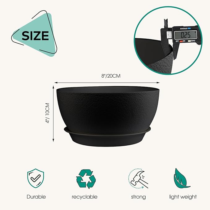 8 inch Plant Pots Pack of 2, Plastic Planter with Drainage Holes and Saucers, Plant pots for Indoor Outdoor Use, Flower Pots for All House Plants (Black)