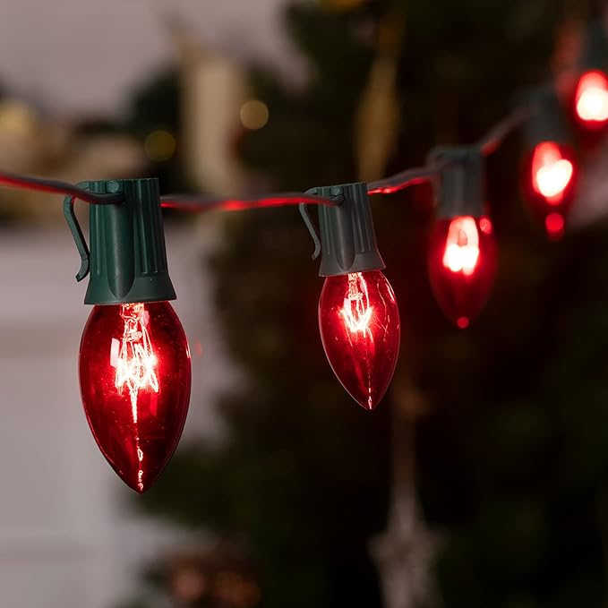 C9 Christmas String Light Red, 50ft Vintage Christmas Tree Lights, Outdoor Roofline String Lights with 50+2 Red Bulbs for Patio Garden Holiday Indoor Home Xmas Decoration, Green Wire