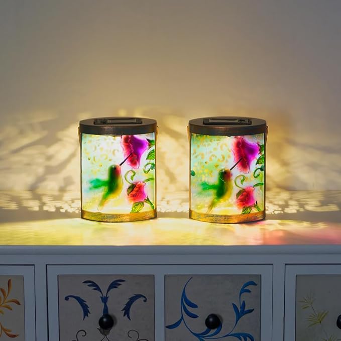 2 Pack Hummingbird Hanging Solar Lanterns Outdoor Waterproof, Tabletop Lamp Glass Solar Lantern for Patio Garden