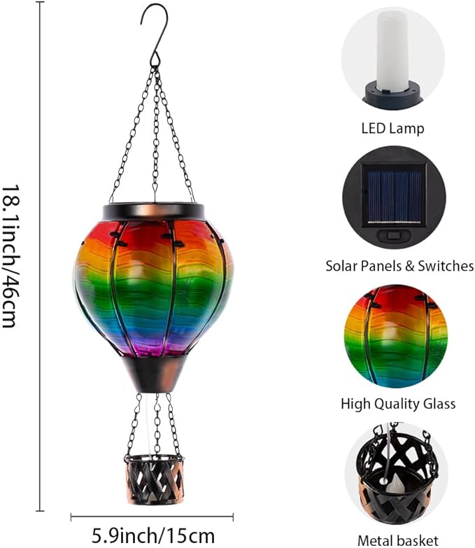 Starsoul 2 PC Solar Hot Air Balloon Lantern with Flame Multi-Color Hot Air Balloon Lantern with Candle Holder Metal & Glass Hanging Garden Light Waterproof Outdoor Lantern Decor