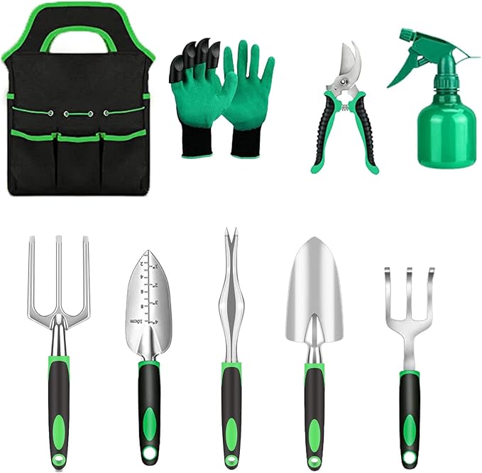 Garden Tool Set with Non Slip Rubber Grip,9 Piece Stainless Steel Gardening Tool Sets,Heavy Duty Outdoor Hand Tools Durable Storage Tote Bag,Uprooting Weeding Tool, Gifts for Women Men Children Green