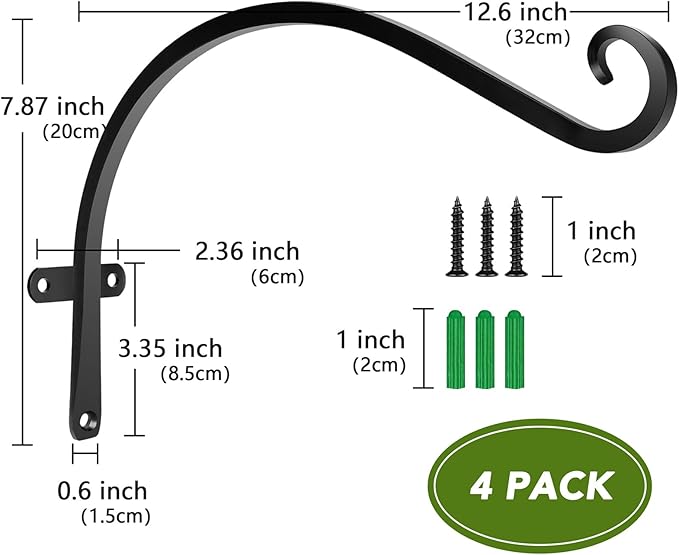 HOOPLE Plant Hangers Outdoor Heavy Duty 4 Pack, Cast Iron Bird Feeder Hanger, Metal Black Plant Brackets Hook for Hanging Flower Baskets, Elegant Design, Large Bearing Capacity