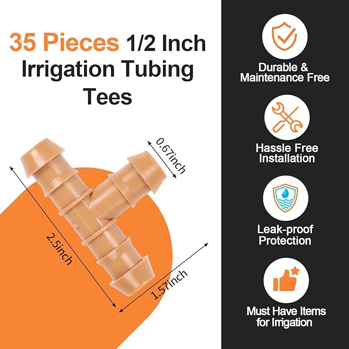 35 Pieces Drip Irrigation Tee Fittings, 1/2'' Drip Line Barbed Tee Connectors for 1/2 Inch Irrigation Tubing 3-Way Connector for Garden Drip Sprinkler Systems