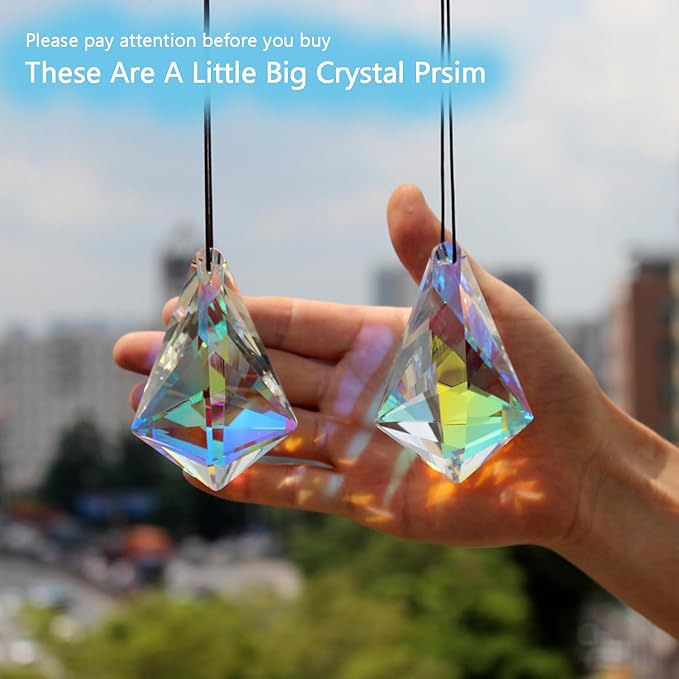 2PCS 5" Large Crystal Sun Catcher Prisms, STINO Hanging Suncatchers with Glass Prism, Rainbow Maker for Windows, Balcony, Kitchen, Garden Decoration (1, Chunky Cone 2Pcs)