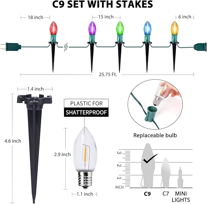 C9 Christmas String Lights Outdoor - 25.7 Feet 20 LED Pathway Lights, Connectable Waterproof Walkway Lights for Indoor Xmas Party Holiday Wedding Commercial Decorations, Multicolored