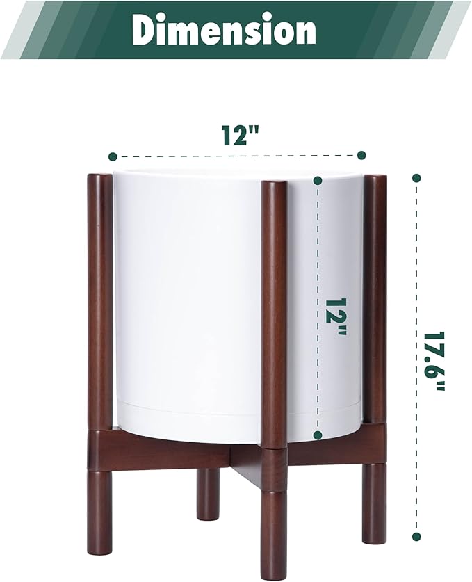 D'vine Dev Planter Pot with Stand - 12 Inch Plastic Cylinder Flower Pot with Wood Planter Holder for Indoor, Matte White Pot + Mahogany Stand, 55-C-O-1