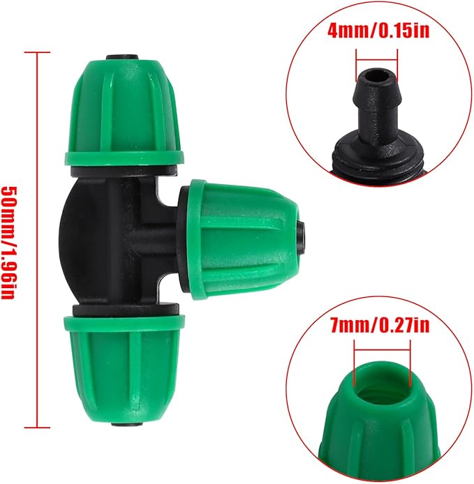 1/4 inch Drip Irrigation Fittings, Lock Barbed Tee for ¼ in. Tubing; Tubing Outside Diameter (OD) is 0.250 in., Internal Diameter (ID) is 0.170. in.(25Pcs/Pack) (Green-3Way)
