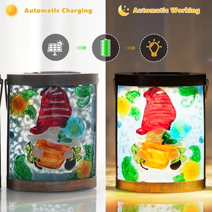 2 Pack Gnome Hanging Solar Lantern Decorative Glass LED Solar Lanterns Outdoor Waterproof for Garden Yard Patio