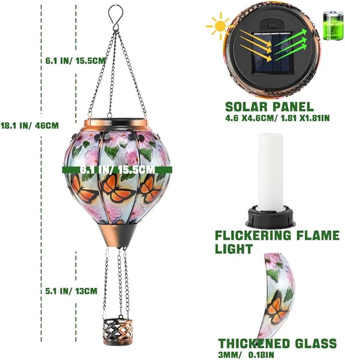 Hot Air Balloon Solar Lantern - Butterfly Stained Glass Lantern with Simulated Flickering Flame, Outdoor Hanging Yard Light Waterproof IP65 & Weather Resistant for Garden Patio Lawn Porch Decor Gfit