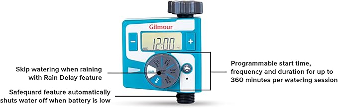 Gilmour Single Outlet Electronic Water Timer for Garden Hose, Irrigation Timer for Sprinklers and Drip Lines, Blue