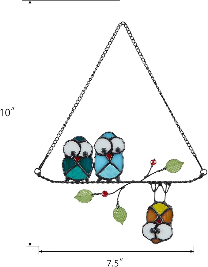 Stained Glass Birds,owl,Stained Glass Window Hanging,Multicolor Owls on The Living Tree with Green Leaf and red Berries,Bird suncatcher for Windows Room Home,Bird Deco,Gift for Mom,and Bird Lovers.