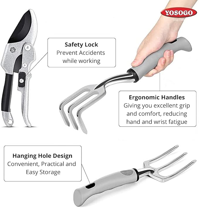 Garden Tools and Watering Set (9-Piece) | Heavy Duty Stainless Steel Hand Tool Kit with Ergonomic Handles, Gardening Gloves, and Tote Bag with Storage Pockets (Silver)