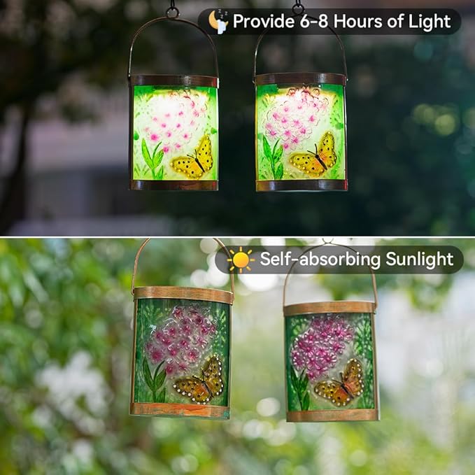 Starsoul 2 Pack Hanging Solar Lantern Outdoor Waterproof Glass Butterfly and Flowers Decorative Solar Lights for Outside Garden Yard Table Patio Decor
