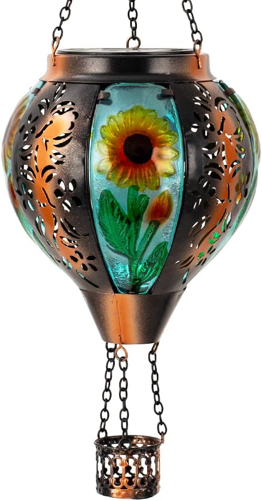 Starsoul Sunflowers Hot Air Balloon Solar Lantern Metal & Glass Solar Hot Air Balloon Hanging Garden Light Waterproof Outdoor Lantern for Patio Yard Party Decorations
