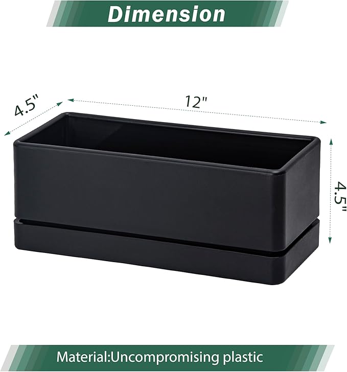D'vine Dev 12 Inch Window Box Planter, Rectangle Plastic Herb Planter with Drainage Holes and Saucer, Indoor Succulent Cactus Vegetable Pot for Windowsill, Garden Balcony, Black, Set of 1, 76-X-B-1