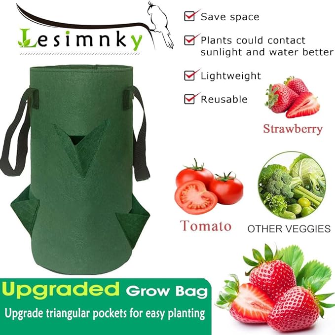 4Pack Upside Down Strawberry Planter, 3 Gallon Hanging Grow Bags for Tomato Vegetables 6 Planting Holes with 6Hooks,Upside Down Strawberry Plant Hanger Vegetable Planting Bags for House (Dark Green)