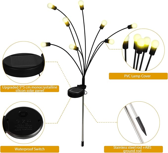 Solar Powered Firefly Lights Outdoor Waterproof 2-Pack, Swaying as Wind Blows, 8 LED Bulbs, Solar Garden Lights, Warm White, Outdoor Decorative Lights for Pathway Yard Patio Decorations