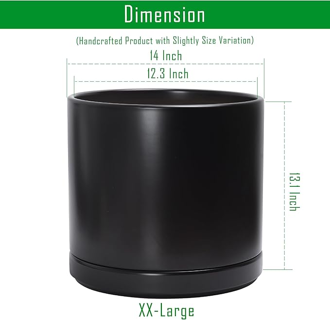 D'vine Dev 14 Inch Ceramic Planter Pot with Drainage Hole and Saucer, Indoor Cylinder Round Planter Pot, Black, 94-O-G-2