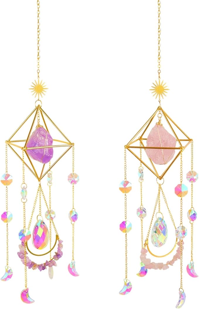 Suncatcher Amethyst Crystal Boho Decor, Spiritual, Purple Gemstone Sun Catcher Hanging for Windows, Rainbow Maker, Crystal Boho Hanging, Natural Stone (Amethsyt)